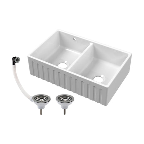 [BKS241W3] Fireclay Ceramic Double Bowl Fluted Butler Kitchen Sink with Overflow and Stepped Weir, Strainer Wastes, 795mm - Chrome - Cutout