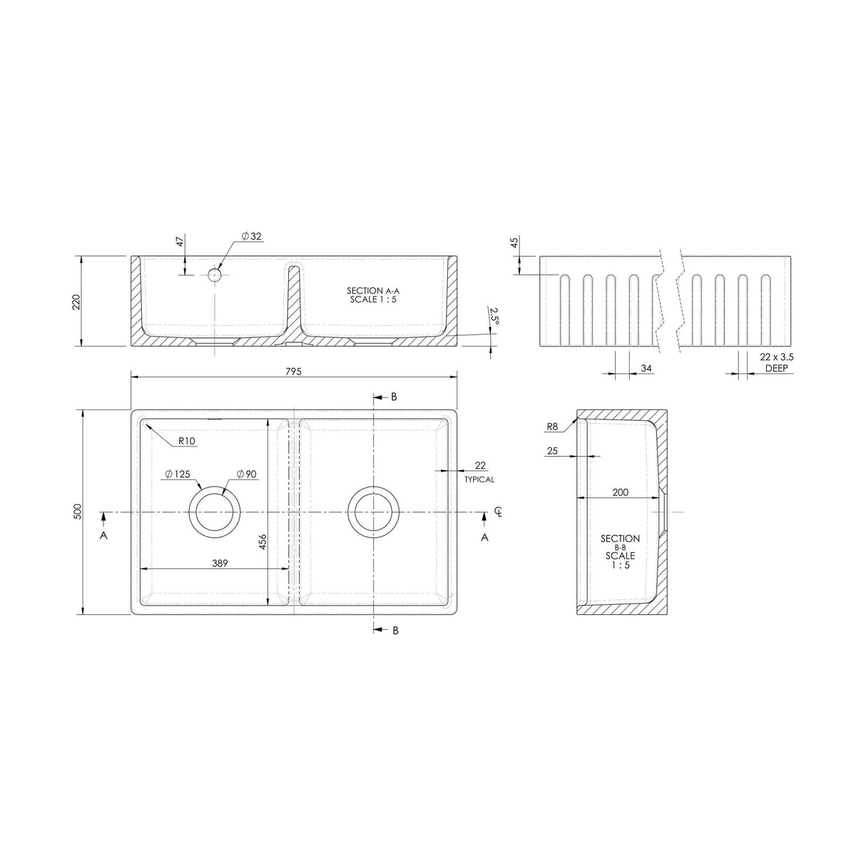 [BKS241W3] Fireclay Ceramic Double Bowl Fluted Butler Kitchen Sink with Overflow and Stepped Weir, Strainer Wastes, 795mm - Chrome - Technical Drawing