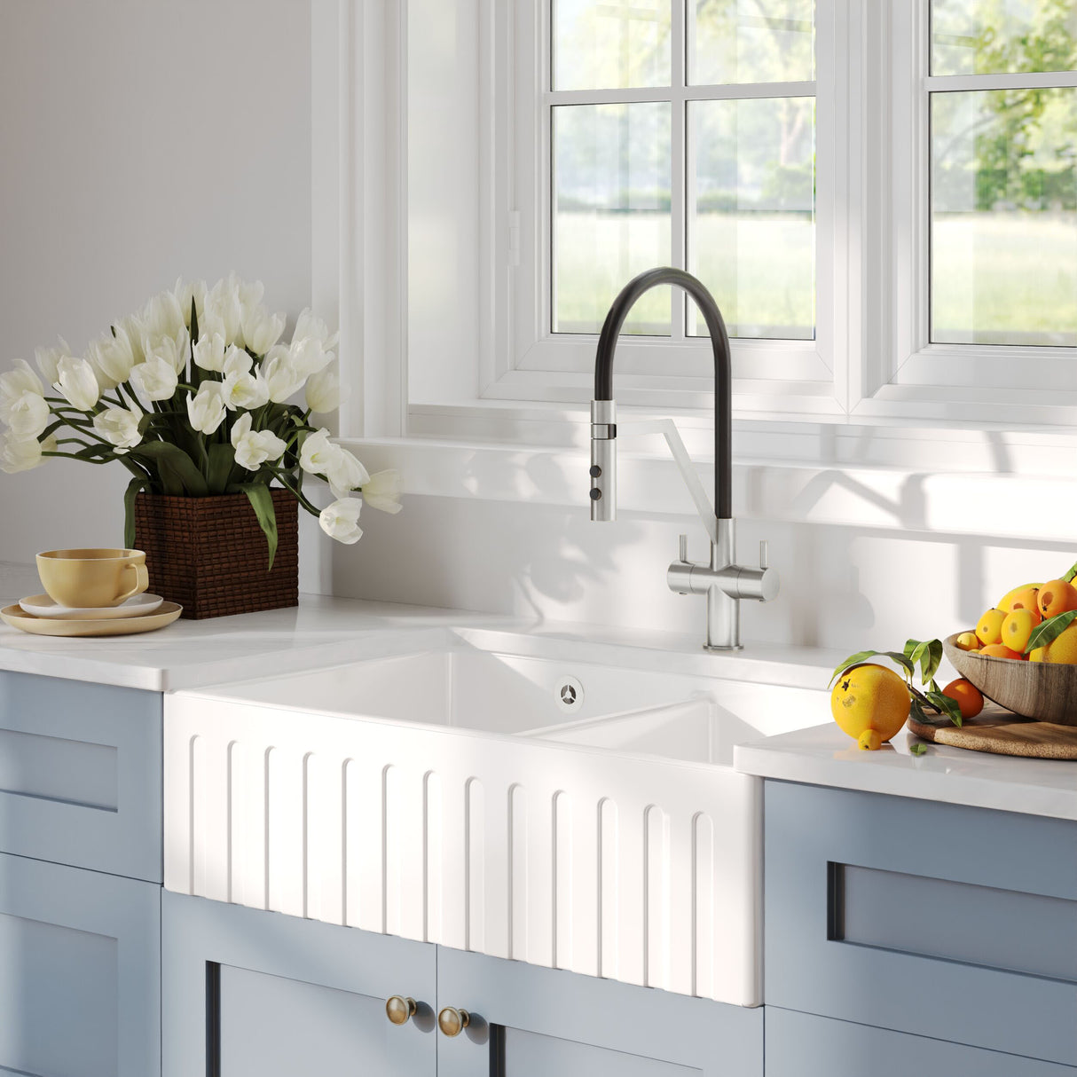 [BKS241W3] Fireclay Ceramic Double Bowl Fluted Butler Kitchen Sink with Overflow and Stepped Weir, Strainer Wastes, 795mm - Chrome - Lifestyle 3