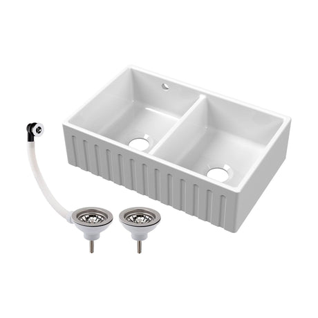 Balterley Fireclay Ceramic Double Bowl Fluted Butler Kitchen Sink with Overflow and Stepped Weir, Chrome Strainer Wastes, 795mm