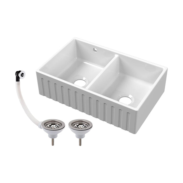[BKS241W] Fireclay Ceramic Double Bowl Fluted Butler Kitchen Sink with Overflow and Stepped Weir, Strainer Wastes, 795mm - Chrome - Cutout