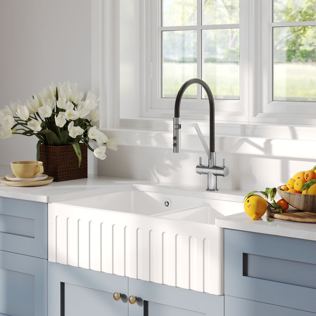 [BKS241W] Fireclay Ceramic Double Bowl Fluted Butler Kitchen Sink with Overflow and Stepped Weir, Strainer Wastes, 795mm - Chrome - Lifestyle 3