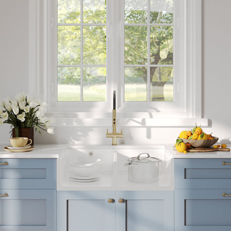 [BKS241] Double Bowl Fireclay Ceramic Fluted Front Butler Kitchen Sink with Stepped Weir - 795mm - Lifestyle 1