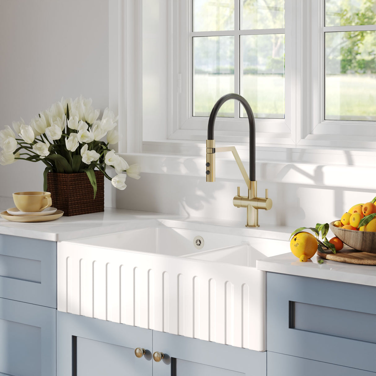 [BKS241] Double Bowl Fireclay Ceramic Fluted Front Butler Kitchen Sink with Stepped Weir - 795mm - Lifestyle 3