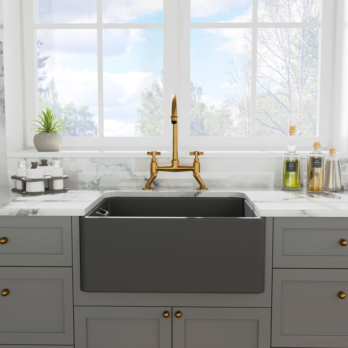 [BKS242] Single Bowl Fireclay Ceramic Belfast Kitchen Sink with Built In Overflow - 595mm - Multiple Colours - Lifestyle 1