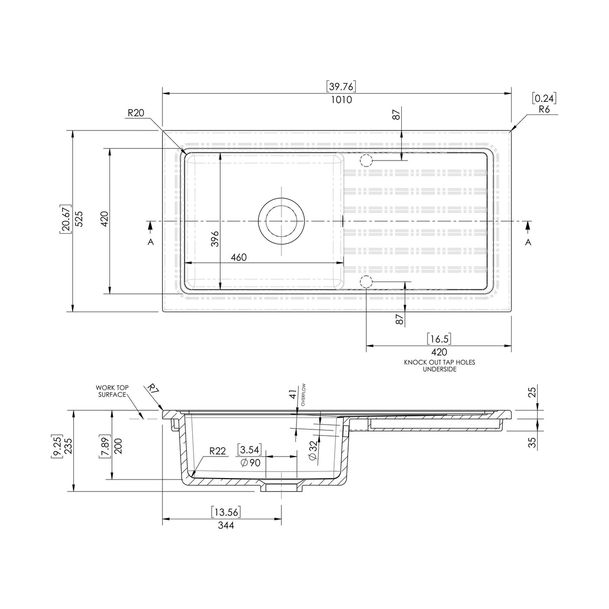[BKS243] 101cm Inset Counter Top Fireclay Ceramic Kitchen Sink - Multiple Options Available - Technical Drawing
