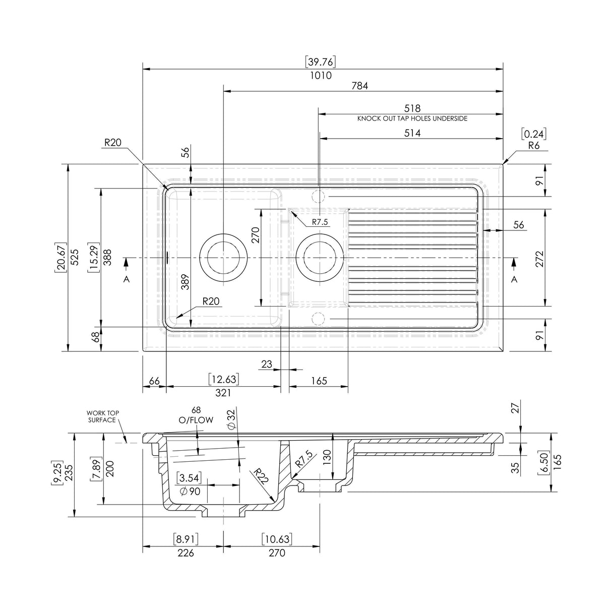 [BKS244] 101cm Inset Counter Top Fireclay Ceramic Kitchen Sink - Multiple Options Available - Technical Drawing