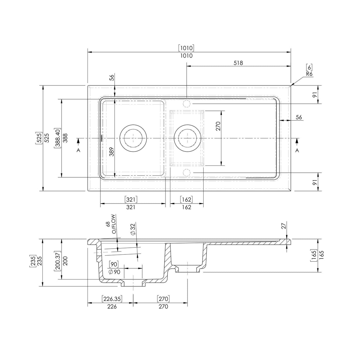 [BKS248] 101cm Inset Counter Top Fireclay Ceramic Kitchen Sink - Multiple Options Available - Technical Drawing