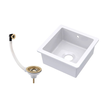 [BKS250W1] Balterley Fireclay Ceramic Single Bowl Square Undermount Kitchen Sink with Overflow and Brushed Brass Strainer Waste, 457mm - Cutout