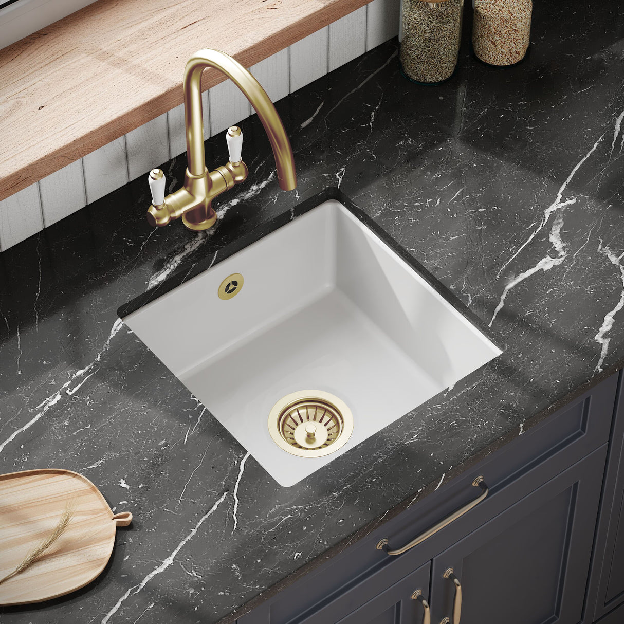 [BKS250W1] Balterley Fireclay Ceramic Single Bowl Square Undermount Kitchen Sink with Overflow and Brushed Brass Strainer Waste, 457mm - Lifestyle 2