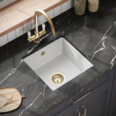 [BKS250W1] Balterley Fireclay Ceramic Single Bowl Square Undermount Kitchen Sink with Overflow and Brushed Brass Strainer Waste, 457mm - Lifestyle 2