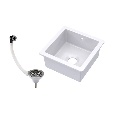 [BKS250W2] Balterley Fireclay Ceramic Single Bowl Square Undermount Kitchen Sink with Overflow and Brushed Pewter Strainer Waste, 457mm - Cutout