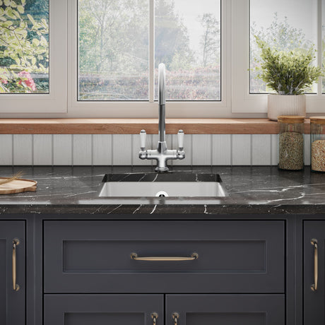 [BKS250W2] Balterley Fireclay Ceramic Single Bowl Square Undermount Kitchen Sink with Overflow and Brushed Pewter Strainer Waste, 457mm - Lifestyle 1