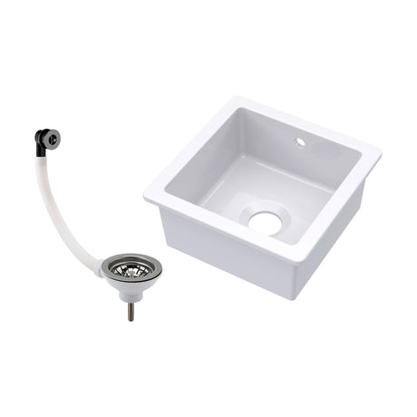 [BKS250W3] Balterley Fireclay Ceramic Single Bowl Square Undermount Kitchen Sink with Overflow and Brushed Nickel Strainer Waste, 457mm - Cutout