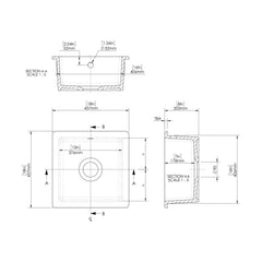 [BKS250W3] Balterley Fireclay Ceramic Single Bowl Square Undermount Kitchen Sink with Overflow and Brushed Nickel Strainer Waste, 457mm - Technical Drawing