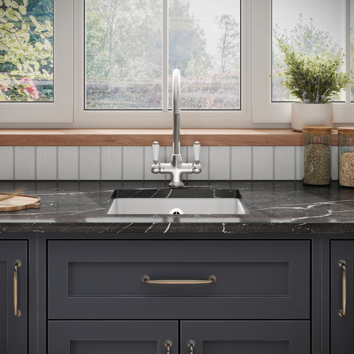 [BKS250W3] Balterley Fireclay Ceramic Single Bowl Square Undermount Kitchen Sink with Overflow and Brushed Nickel Strainer Waste, 457mm - Lifestyle 1