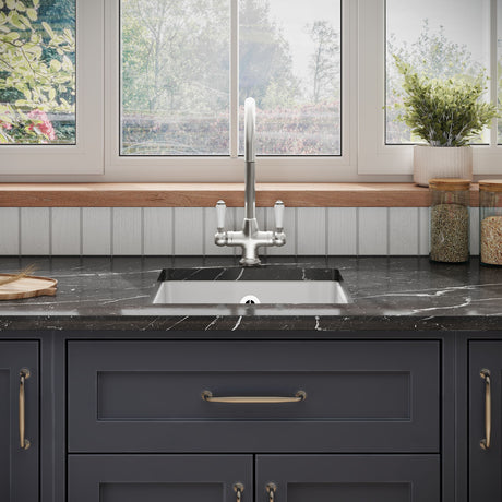 [BKS250W3] Balterley Fireclay Ceramic Single Bowl Square Undermount Kitchen Sink with Overflow and Brushed Nickel Strainer Waste, 457mm - Lifestyle 1