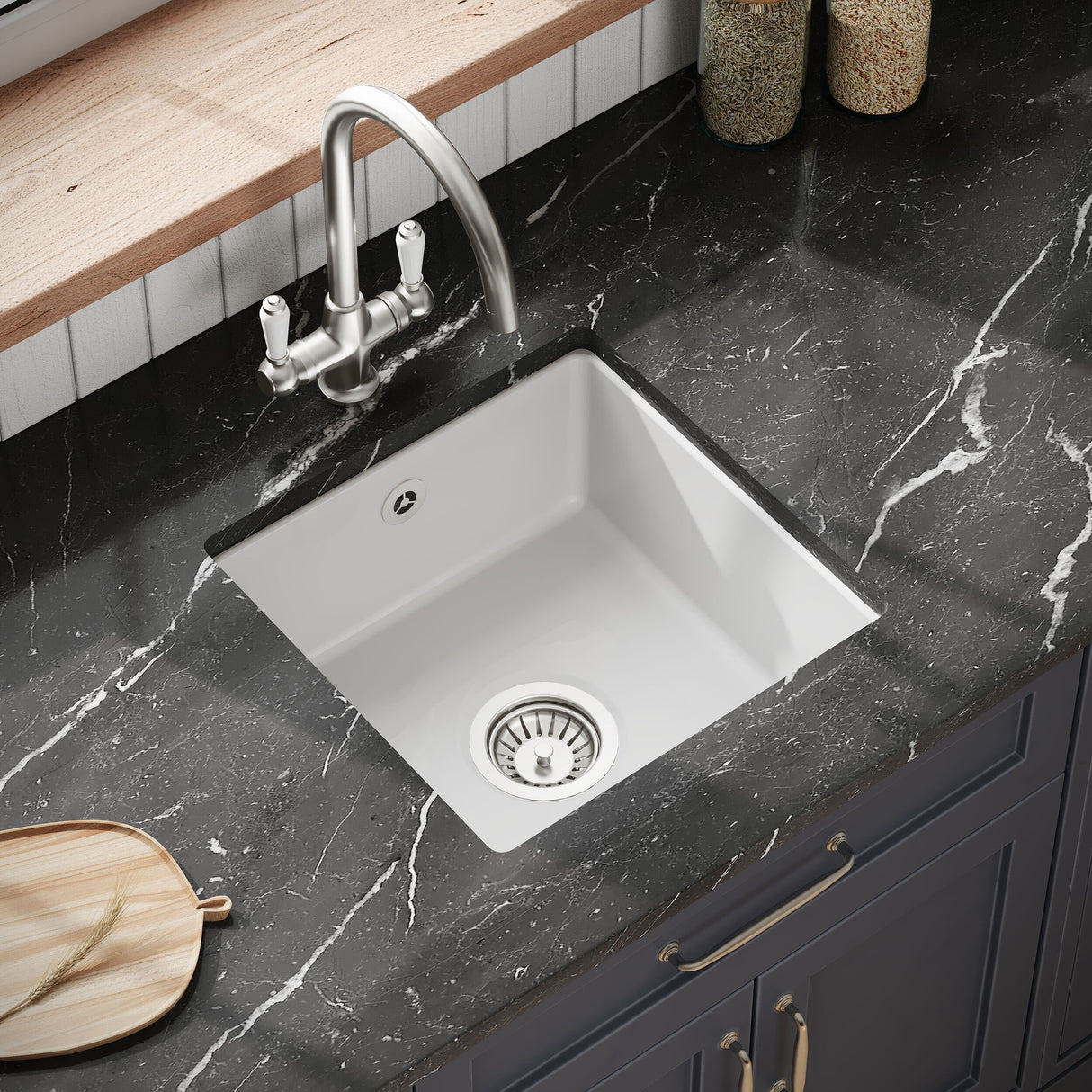 [BKS250W3] Balterley Fireclay Ceramic Single Bowl Square Undermount Kitchen Sink with Overflow and Brushed Nickel Strainer Waste, 457mm - Lifestyle 2