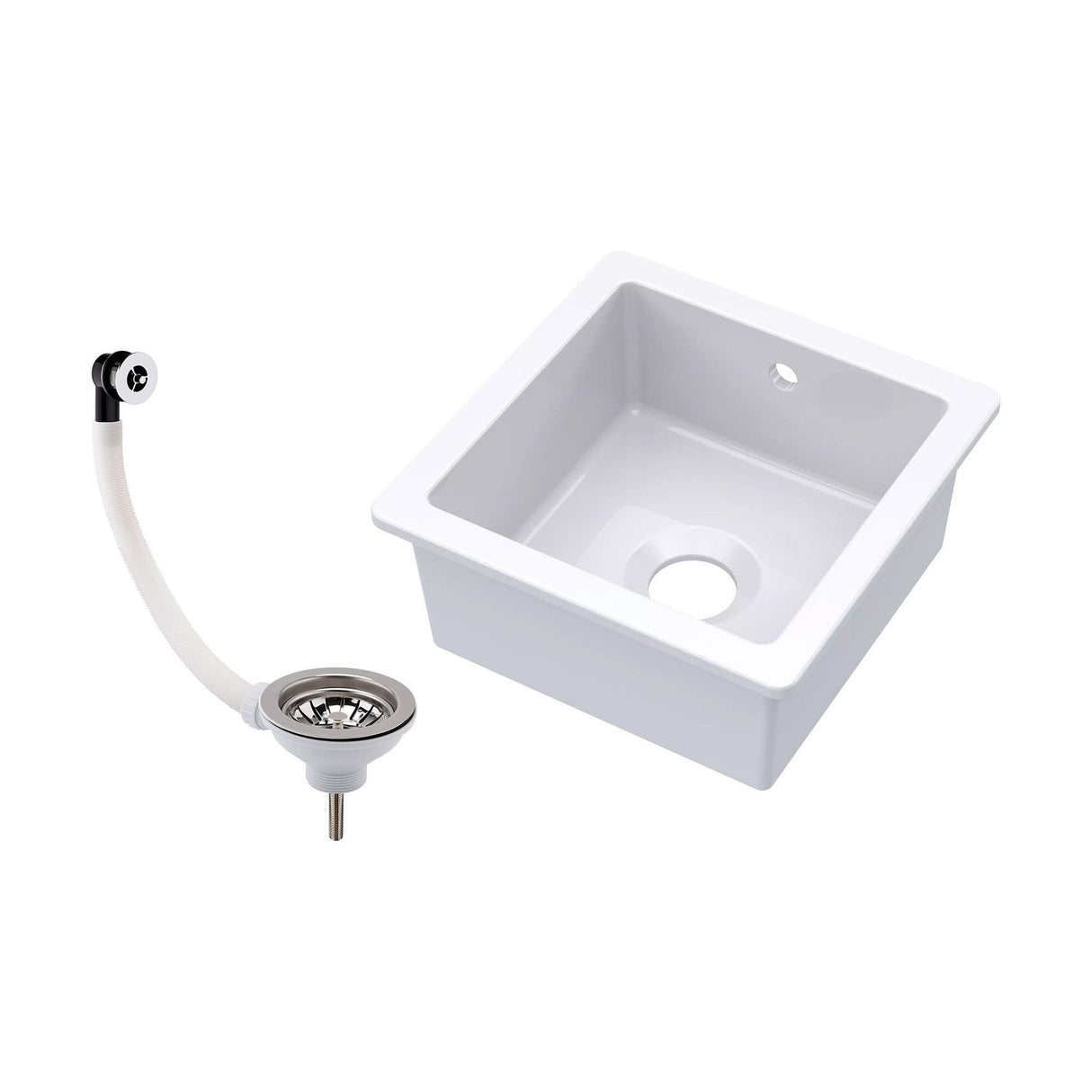 [BKS250W] Fireclay Ceramic Single Bowl Square Undermount Kitchen Sink with Overflow and Chrome Strainer Waste, 457mm - White - Cutout