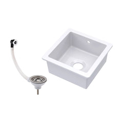 [BKS250W] Fireclay Ceramic Single Bowl Square Undermount Kitchen Sink with Overflow and Chrome Strainer Waste, 457mm - White - Cutout