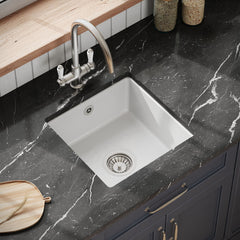 [BKS250W] Fireclay Ceramic Single Bowl Square Undermount Kitchen Sink with Overflow and Chrome Strainer Waste, 457mm - White - Lifestyle 2