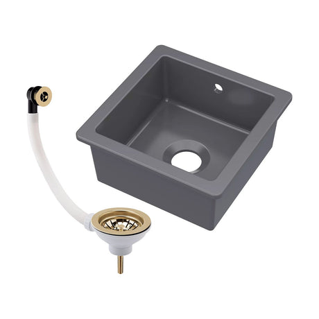 [BKS251W1] Balterley Dark Grey Fireclay Ceramic Single Bowl Square Undermount Kitchen Sink with Overflow and Brushed Brass Waste, 457mm - Cutout