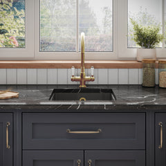 [BKS251W1] Balterley Dark Grey Fireclay Ceramic Single Bowl Square Undermount Kitchen Sink with Overflow and Brushed Brass Waste, 457mm - Lifestyle 1