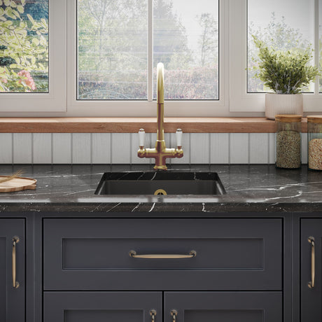 [BKS251W1] Balterley Dark Grey Fireclay Ceramic Single Bowl Square Undermount Kitchen Sink with Overflow and Brushed Brass Waste, 457mm - Lifestyle 1