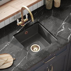[BKS251W1] Balterley Dark Grey Fireclay Ceramic Single Bowl Square Undermount Kitchen Sink with Overflow and Brushed Brass Waste, 457mm - Lifestyle 2