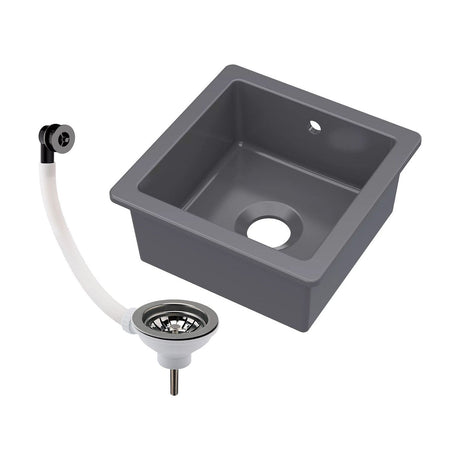 [BKS251W2] Balterley Dark Grey Fireclay Ceramic Single Bowl Square Undermount Kitchen Sink with Overflow and Brushed Pewter Waste, 457mm - Cutout