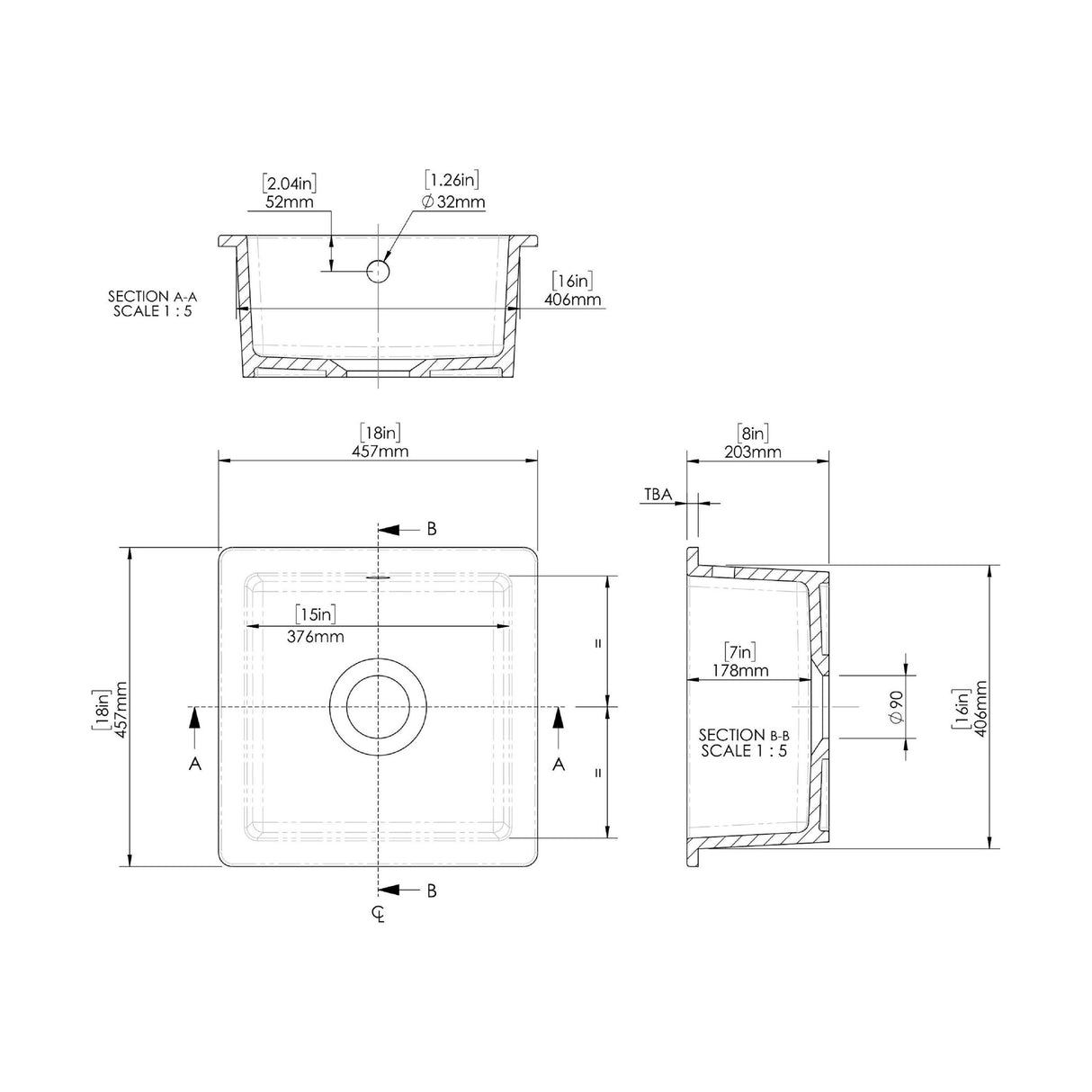[BKS251W2] Balterley Dark Grey Fireclay Ceramic Single Bowl Square Undermount Kitchen Sink with Overflow and Brushed Pewter Waste, 457mm - Technical Drawing