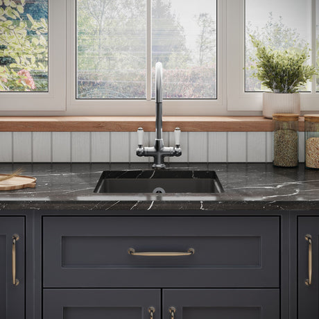 [BKS251W2] Balterley Dark Grey Fireclay Ceramic Single Bowl Square Undermount Kitchen Sink with Overflow and Brushed Pewter Waste, 457mm - Lifestyle 1