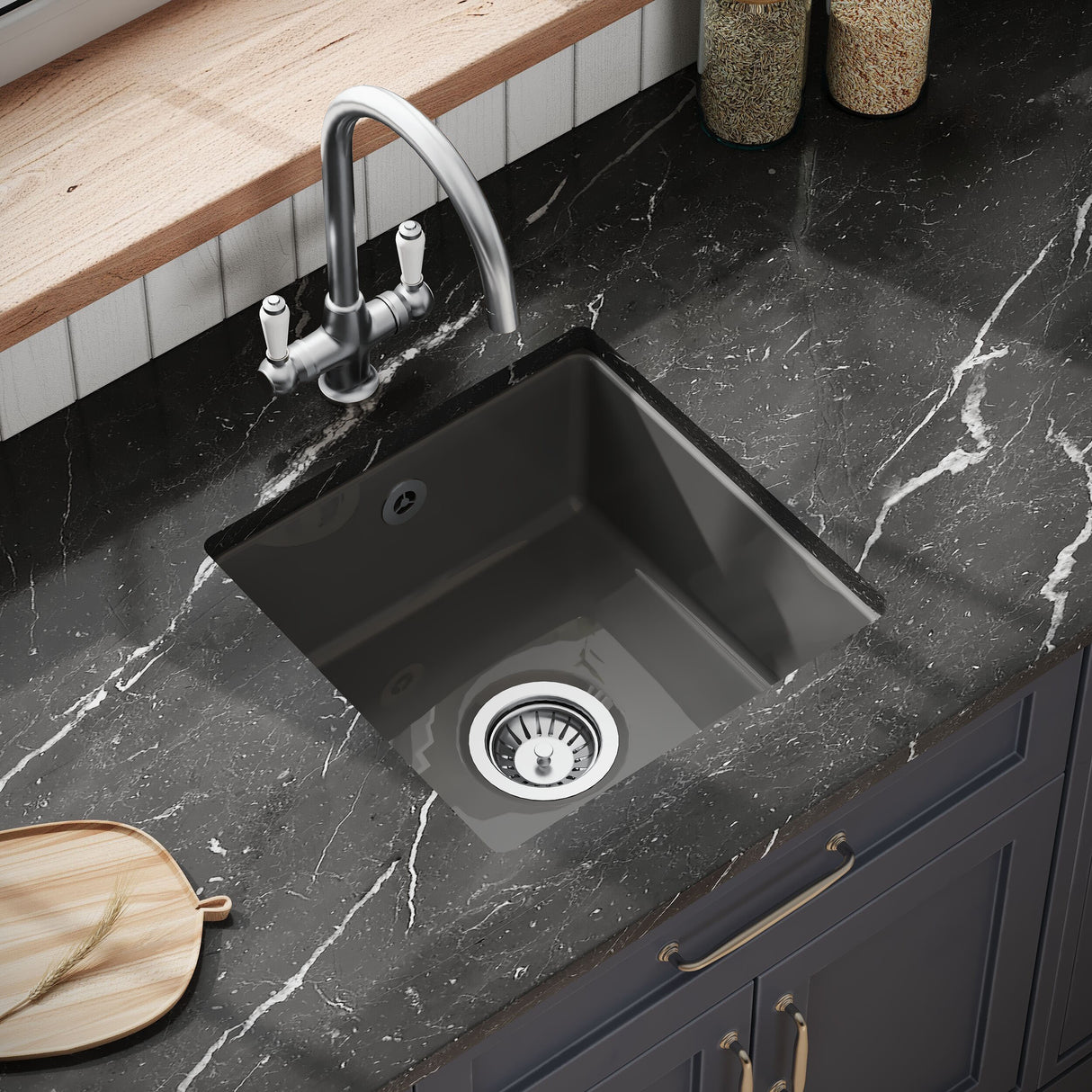 [BKS251W2] Balterley Dark Grey Fireclay Ceramic Single Bowl Square Undermount Kitchen Sink with Overflow and Brushed Pewter Waste, 457mm - Lifestyle 2