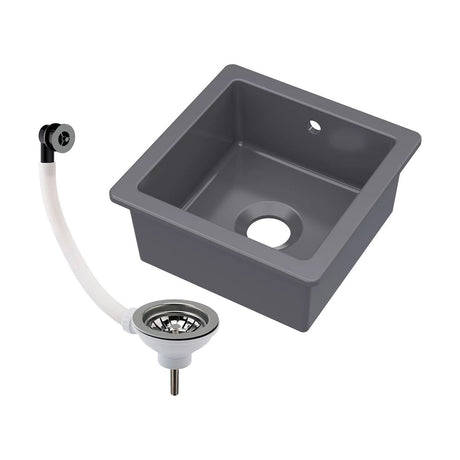 [BKS251W3] Balterley Dark Grey Fireclay Ceramic Single Bowl Square Undermount Kitchen Sink with Overflow and Brushed Nickel Waste, 457mm - Cutout