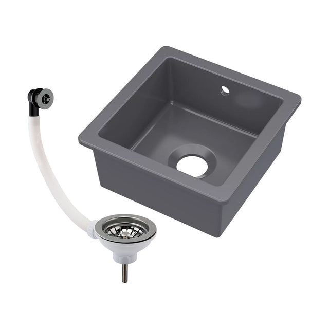 [BKS251W3] Balterley Dark Grey Fireclay Ceramic Single Bowl Square Undermount Kitchen Sink with Overflow and Brushed Nickel Waste, 457mm - Cutout