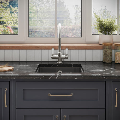 [BKS251W3] Balterley Dark Grey Fireclay Ceramic Single Bowl Square Undermount Kitchen Sink with Overflow and Brushed Nickel Waste, 457mm - Lifestyle 1