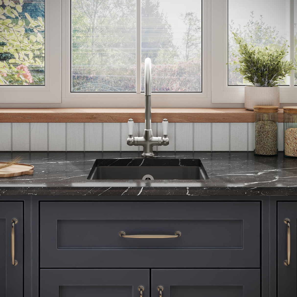 [BKS251W3] Fireclay Ceramic Single Bowl Square Undermount Kitchen Sink with Overflow, 457mm, Choice of Sink and Waste Finish