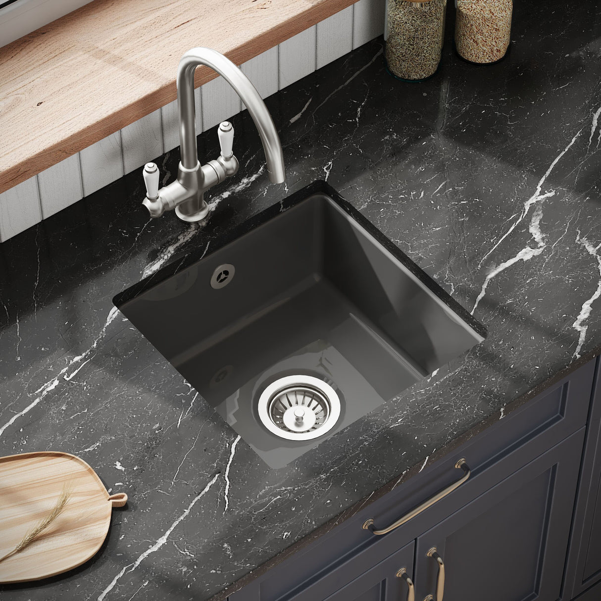 [BKS251W3] Balterley Dark Grey Fireclay Ceramic Single Bowl Square Undermount Kitchen Sink with Overflow and Brushed Nickel Waste, 457mm - Lifestyle 2