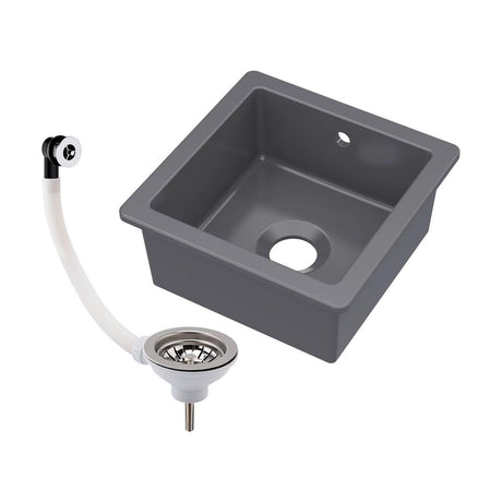 [BKS251W] Fireclay Ceramic Single Bowl Square Undermount Kitchen Sink with Overflow and Chrome Strainer Waste, 457mm - Dark Grey - Cutout