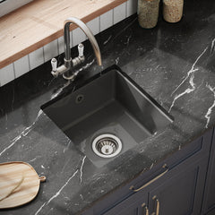 [BKS251W] Fireclay Ceramic Single Bowl Square Undermount Kitchen Sink with Overflow and Chrome Strainer Waste, 457mm - Dark Grey - Lifestyle 2