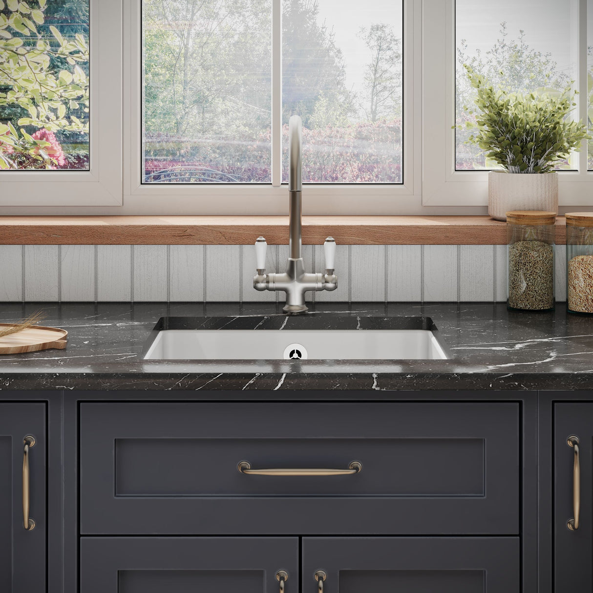 [BKS252] Single Bowl Fireclay Ceramic Square Undermount Kitchen Sink with Overflow - 548mm - Choice of Finish - Lifestyle 1