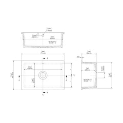 [BKS254] Single Bowl Fireclay Ceramic Undermount Kitchen Sink with Overflow and Central Waste Position - 711mm - Technical Drawing