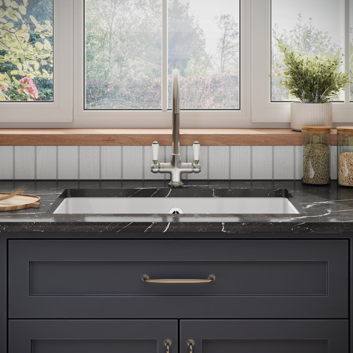 Single Bowl Fireclay Ceramic Square Undermount Kitchen Sink with Overflow