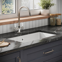 Single Bowl Fireclay Ceramic Rectangular Undermount Kitchen Sink with Overflow - 763mm