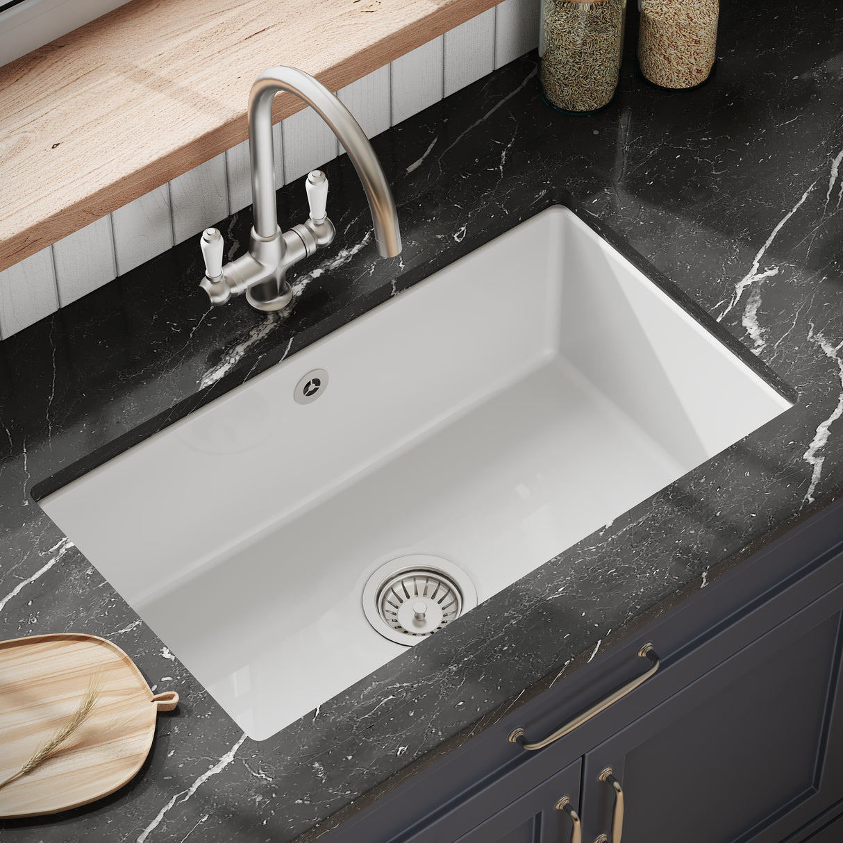 Single Bowl Fireclay Ceramic Square Undermount Kitchen Sink with Overflow