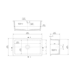 [BKS255] Single Bowl Fireclay Ceramic Rectangular Undermount Kitchen Sink with Overflow - 763mm - Technical Drawing