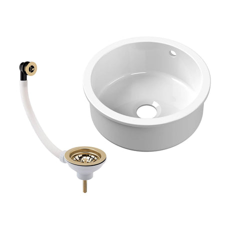 [BKS256W1] Fireclay Ceramic Bowl Round Undermount Kitchen Sink with Central Waste, Overflow and Brushed Brass Strainer Waste - 460mm - Cutout