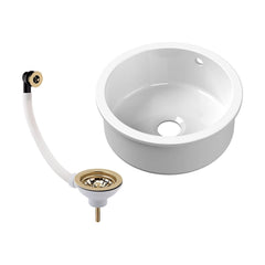 [BKS256W1] Fireclay Ceramic Single Bowl Round Undermount Kitchen Sink with Central Waste Position, Overflow, Choice of Sink and Waste Finish - Cutout