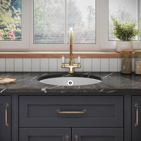 [BKS256W1] Fireclay Ceramic Bowl Round Undermount Kitchen Sink with Central Waste, Overflow and Brushed Brass Strainer Waste - 460mm - Lifestyle 1