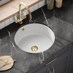 [BKS256W1] Fireclay Ceramic Bowl Round Undermount Kitchen Sink with Central Waste, Overflow and Brushed Brass Strainer Waste - 460mm - Lifestyle 2